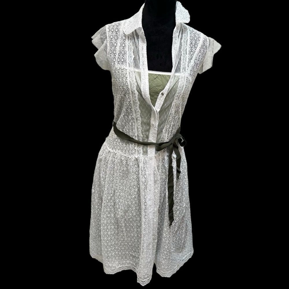 Tom K Nguyen Lace Dress Green Slip‎ Dropped Waist Snap Front Size 4